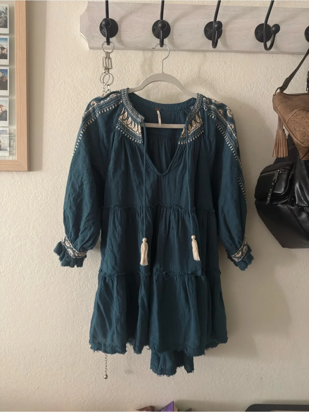 FP Cotton Boho Embroidered V-Neck Tunic Dress - Blue